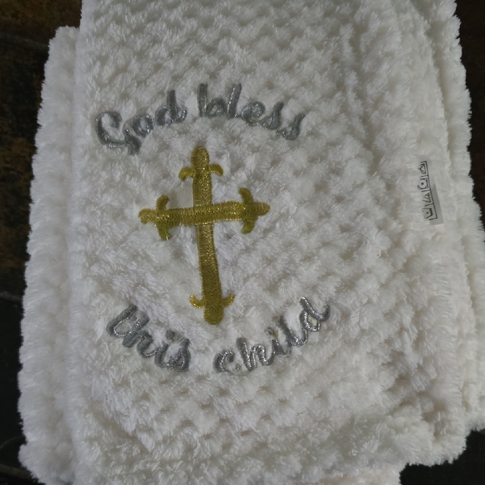 White Baby Blanket with Gold Cross Embroidery